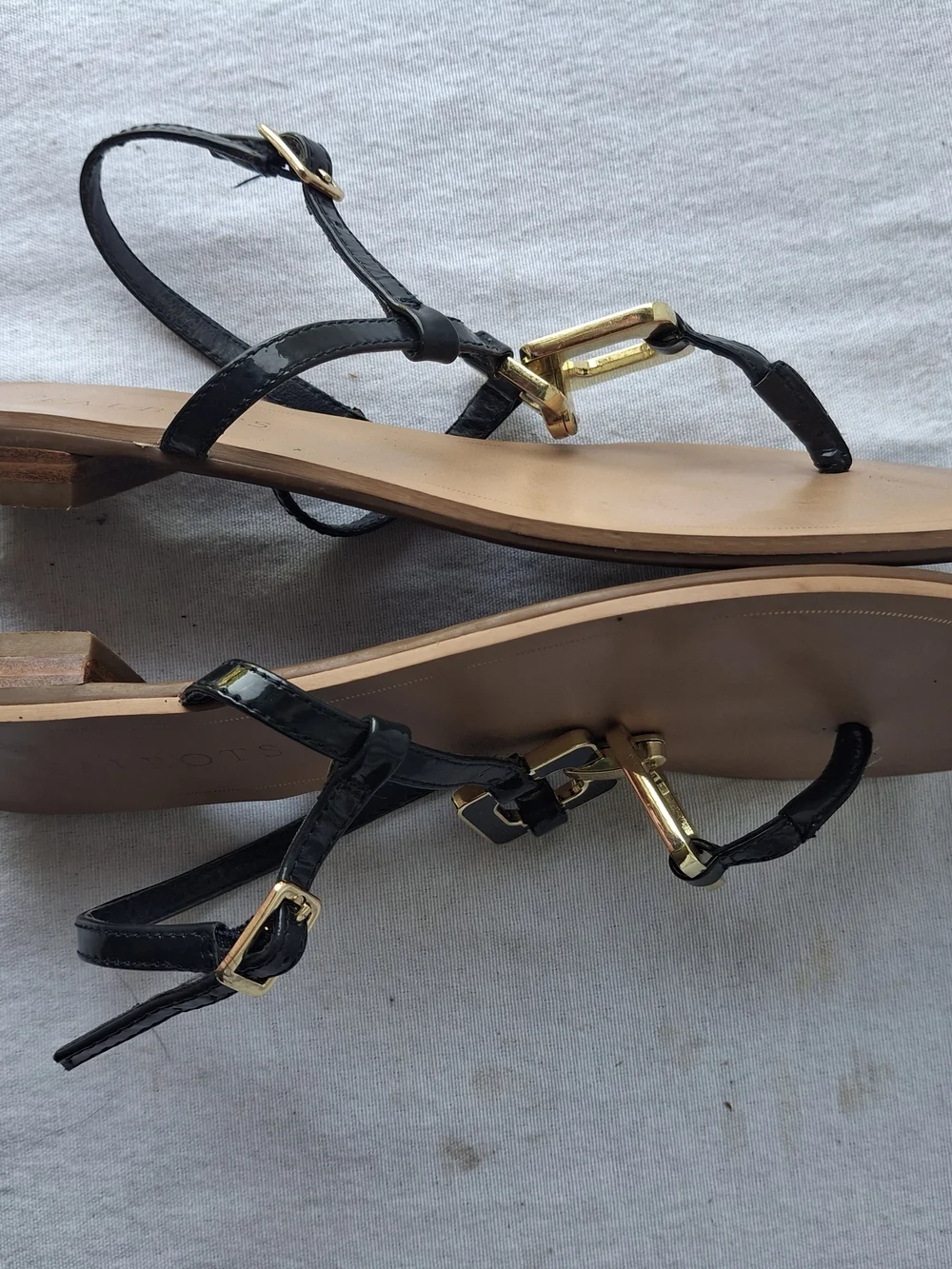 Talbots Black Patent Leather T-Strap Sandals with Gold Accents